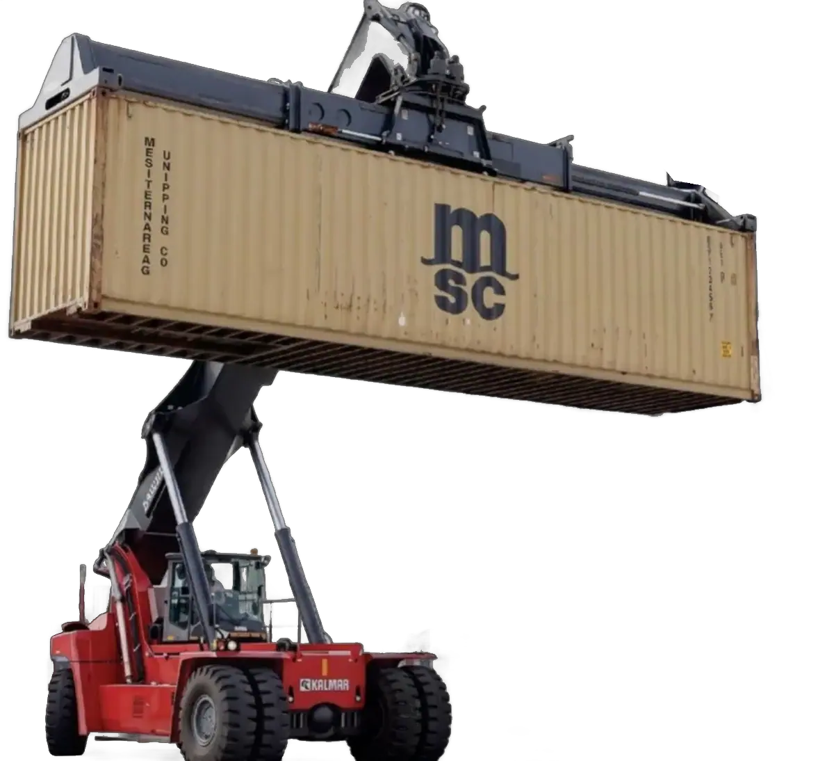 Red Kalmar reach stacker lifting an MSC shipping container