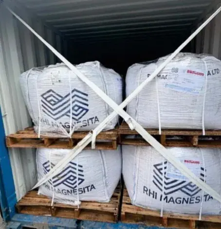 Bulk bags on wooden pallets secured with straps inside a container